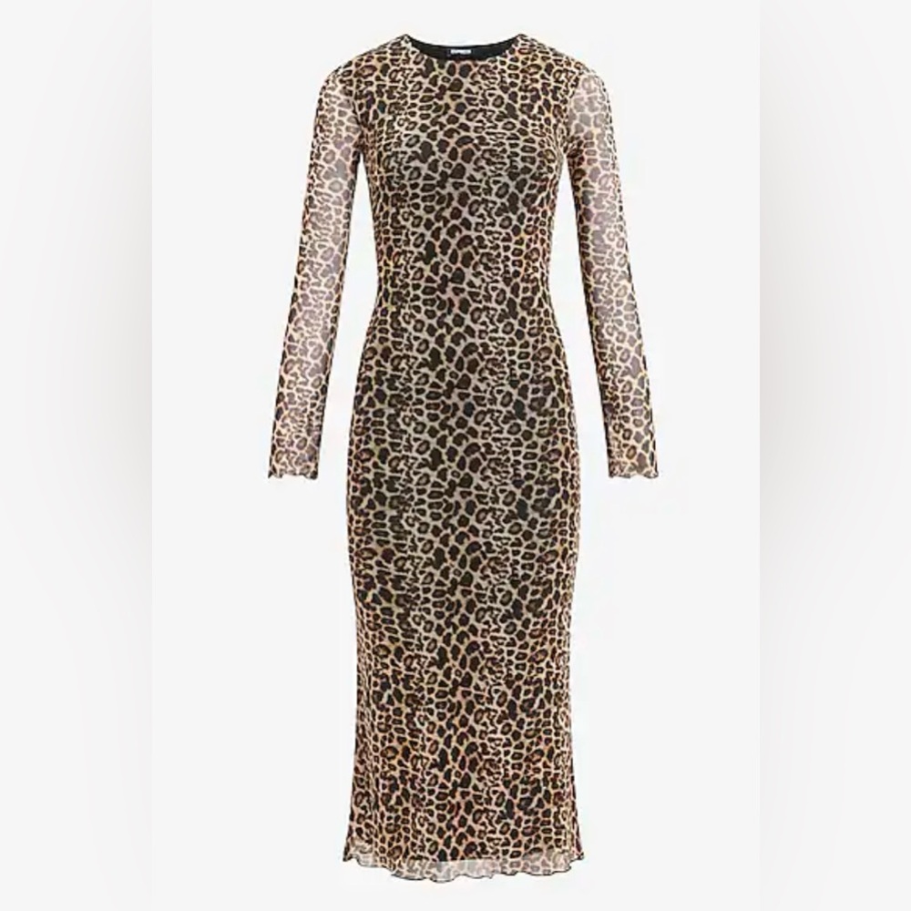 Express Leopard Mesh Crew Neck Long Sleeve Maxi Dress